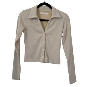 OAK Refined Cream Ribbed Long Sleeve Collared Cardigan Sweater - Extra Small